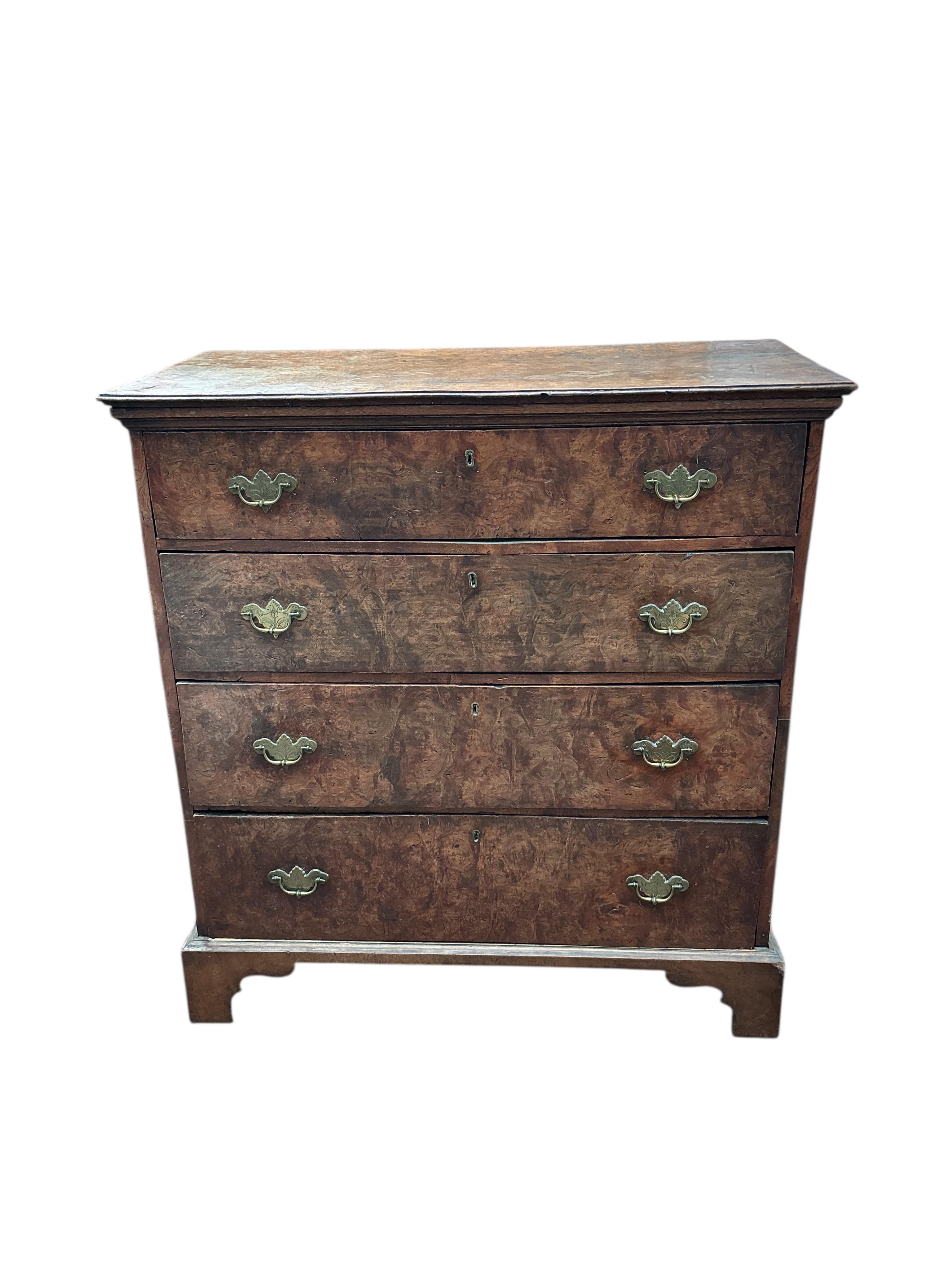 A George I style burr elm chest of drawers, width 96cm, depth 47cm, height 101cm